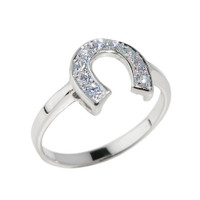 White Gold CZ Studded Horseshoe Ladies Ring