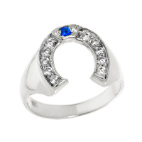 Bold White Gold White and Blue CZ Men's Horseshoe Ring