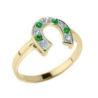 Yellow Gold White and Green CZ Ladies Horseshoe Ring