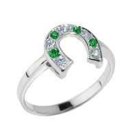 White Gold White and Green CZ Ladies Horseshoe Ring