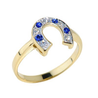 Yellow Gold White and Blue CZ Horseshoe Ring