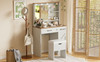 Farmhouse Makeup Vanity Desk With Mirror And Lights, 3 Lighting Modes, Vanity Set With Stool, Dressing Table With Adjustable Shelves, 2 Drawers And Side Cabinet For Bedroom - White