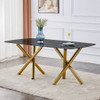 Modern Minimalist Rectangular Dining Table With Imitation Marble Glass & Metal Legs - Black / Gold