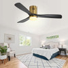 Flush Mount Ceiling Fan With 3 Solid Wood Blades Remote Control Reversible DC Motor For Living Room - Gold