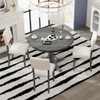 Retro Round Dining Table Set With Curved Trestle Style Table Legs And Upholstered Chairs For Dining Room Retro Round Dining Table Set With Curved Trestle Style Table Legs And Upholstered Chairs For Dining Room