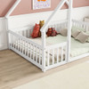 Wood House-Shaped Floor Bed With Fence, Guardrails Wood House-Shaped Floor Bed With Fence, Guardrails