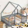 Wood House-Shaped Floor Bed With Fence, Guardrails Wood House-Shaped Floor Bed With Fence, Guardrails