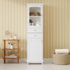 Tall Bathroom Storage Cabinet With Glass Doors, Free-Standing, Two Drawers, And Adjustable Shelves, MDF Board, Painted Perfect For Displaying Your Favorite Items