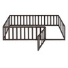 Twin Size Floor Bed Frame With Fence And Door - Walnut