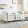 Elegant Upholstered Linen Storage Bench With Cylindrical Arms And Iron Legs, White