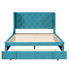 Queen Size Storage Upholstered Platform Bed With Wingback Headboard And A Big Drawer - Blue
