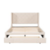 Queen Size Storage Upholstered Platform Bed With Wingback Headboard And A Big Drawer - Beige