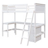 Twin Size Loft Bed With Shelves With Desk - White