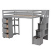 Twin Size Loft Bed With Storage Drawers And Stairs With Shelves - Gray