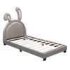 Twin Size Upholstered Leather Platform Bed With Rabbit Ornament - Gray