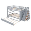 Full Over Full Bunk Bed With Twin Size Trundle And Staircase - Gray