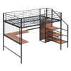 Full Size Loft Bed With Desk And Grid, Stylish Frame With Lateral Storage Ladder And Wardrobe - Black