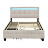 Queen Size Upholstered Platform Bed With LED Frame, With Twin Long Size Trundle And 2 Drawers - Beige