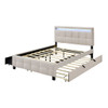 Queen Size Upholstered Platform Bed With LED Frame, With Twin Long Size Trundle And 2 Drawers - Beige