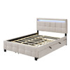Queen Size Upholstered Platform Bed With LED Frame, With Twin Long Size Trundle And 2 Drawers - Beige