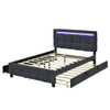 Queen Size Upholstered Platform Bed With LED Frame, With Twin Long Size Trundle And 2 Drawers - Gray