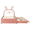 Full Size Upholstered Platform Bed With Trundle And 3 Drawers, Rabbit-Shaped Headboard With Embedded LED Lights - Pink
