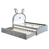 Full Size Upholstered Platform Bed With Trundle And 3 Drawers, Rabbit-Shaped Headboard With Embedded LED Lights - Gray