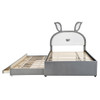 Full Size Upholstered Platform Bed With Trundle And 3 Drawers, Rabbit-Shaped Headboard With Embedded LED Lights - Gray