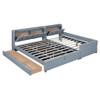 Queen & Twin Long Size Upholstered Platform Bed, Mother & Child Bed With Hydraulic Storage System, Drawer Box, Bedhead Storage Shelf And 2 Pairs Of Sockets & USB Ports - Gray