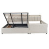 Queen & Twin Long Size Upholstered Platform Bed, Mother & Child Bed With Hydraulic Storage System, Drawer Box, Bedhead Storage Shelf And 2 Pairs Of Sockets & USB Ports - Beige