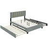 Queen Size Upholstered Platform Bed With 2 Drawers And 1 Trundle, Classic Strip Headboard Design - Gray