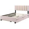 Queen Size Upholstered Platform Bed With 2 Drawers And 1 Trundle, Classic Strip Headboard Design - Pink