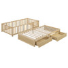 Twin Size Daybed With Fence Guardrails And 2 Drawers, Versatile Split Floor Bed & Daybed - Natural