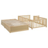 Twin Size Daybed With Fence Guardrails And 2 Drawers, Versatile Split Floor Bed & Daybed - Natural