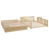 Full Size Daybed With Fence Guardrails And 2 Drawers, Split Into Independent Floor Bed & Daybed - Natural