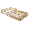 Full Size Daybed With Fence Guardrails And 2 Drawers, Split Into Independent Floor Bed & Daybed - Natural