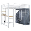 Full Size Loft Bed With Desk, Shelves, Power Outlet, LED Light And Wardrobe - White