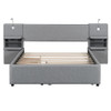 Queen Size Upholstered Platform Bed With Reading Lights, Drawers, Trundle And Shelves - Gray