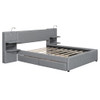 Queen Size Upholstered Platform Bed With Reading Lights, Drawers, Trundle And Shelves - Gray