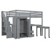 Full Size Loft Bed With Stairs, Bookshelf, Drawers, Desk & Wardrobe, Space Saving Multifunctional Furniture - Gray