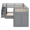 Twin Twin Over Full L Shaped Bunk Bed With 3 Drawers, Portable Desk And Wardrobe - Gray