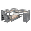 Twin Twin Over Full L Shaped Bunk Bed With 3 Drawers, Portable Desk And Wardrobe - Gray