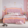 Full Size Upholstered Platform Bed With Curve Shaped And Height Adjustable Headboard, LED Light Strips - Pink