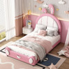 Twin Size Upholstered Platform Bed With Rabbit Shaped Headboard - Pink / White