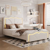Twin Size Upholstered Platform Bed With Curved Adjustable Headboard And LED Lights - White