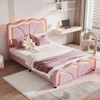 Twin Size Upholstered Platform Bed & Curve Shaped And Height Adjustable Headboard, LED Light Strips - Pink
