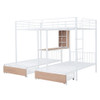 Triple Bunk Bed With Drawers, Multi-Functional Frame With Desks And Shelves In The Middle Triple Bunk Bed With Drawers, Multi-Functional Frame With Desks And Shelves In The Middle