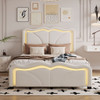 Upholstered Platform Bed & Curve Shaped And Height Adjustable Headboard, LED Light Strips