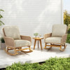 Modern 3 Piece Outdoor Seating Set With Cushioned Rattan Rocking Chairs And Wooden Accent Table