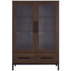 Modern Style Tall Display Cabinet With LED Lighting, Tempered Glass Door, 2 Drawers